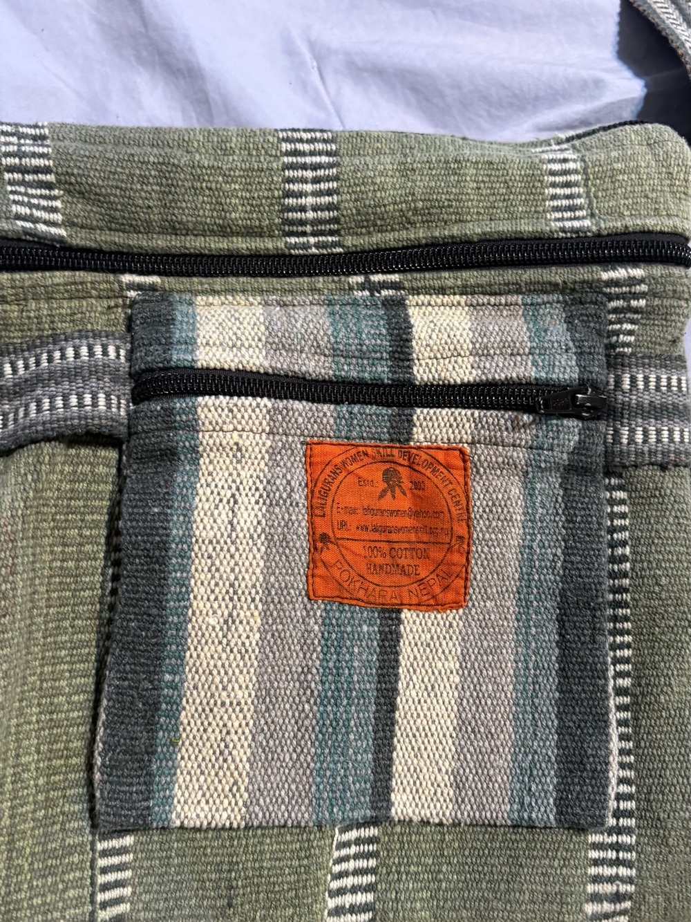 Handmade Green & Cream Striped Cotton Men’s Shoulder Bag
